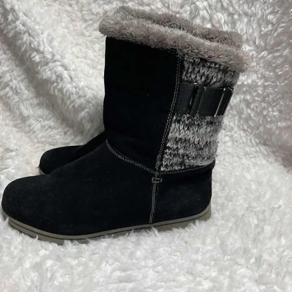 White Mountain black leather suede and gray knit boots faux fur lining size 8.5M